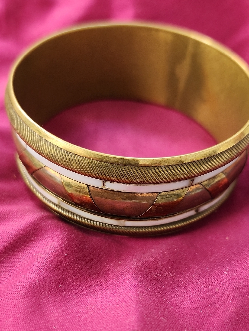 Vintage Brass and Mixed Shell Inlay Bangle Bracelet Bohemian Jewelry